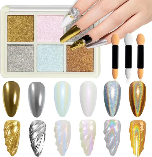 MIZHSE Polvo de uñas cromado, 6 colores, polvo holográfico de uñas iridiscente con purpurina de sirena iridiscente para uñas, pigmento de uñas