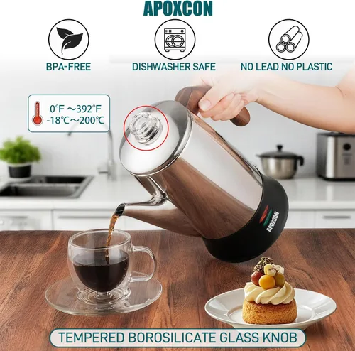 Miniatura 5 de APOXCON Cafetera eléctrica de acero inoxidable con dos perillas de vidrio resistentes al calor y mango de madera tratada con función de mantener