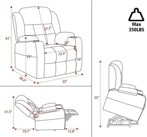 Miniatura 3 de Ketaiyou Electric Power Lift Recliner Chair Sofa with Massage and Heat for Elderly, USB and Type-C Ports, Cup Holders, Infinite Position
