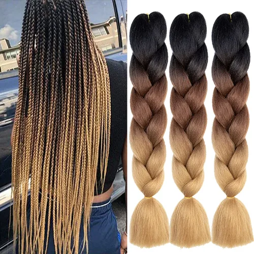 Miniatura 22 de Xiaofeng Extensiones de cabello trenzado coloridas Ombre de 61 cm, 3 unidades, trenzas Jumbo de alta temperatura para trenzas en zigzag y trenzas