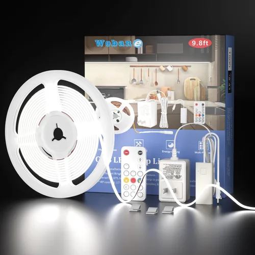 WOBANE - Tira de luz led con chip integrado y control remoto, 9.8 pies, luz blanca y regulable para cocina, techo, habitación, armario y encimera,