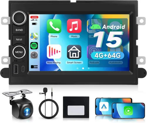 4G+64G para Ford F150/F250/F350 2004-2014 Radio de coche con Carplay inalámbrico/Android Auto, 7 pulgadas Android 15 pantalla táctil estéreo del