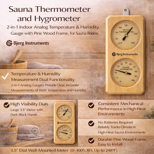 Miniatura 8 de Termómetro e higrómetro de sauna – Medidor analógico de temperatura y humedad 2 en 1 para interiores con marco de madera de pino, para salas