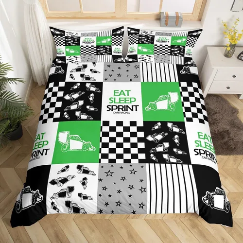 Eat Sleep - Juego de ropa de cama de sprint tamaño individual, juego de funda de edredón verde y blanco para niños, adolescentes y adultos, funda de