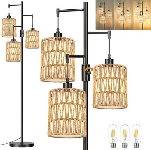 Miniatura 11 de Lámparas de pie doradas para sala de estar lámpara de pie vintage con forma de L de vidrio y tres bombillas led, lámpara de pie verde de latón