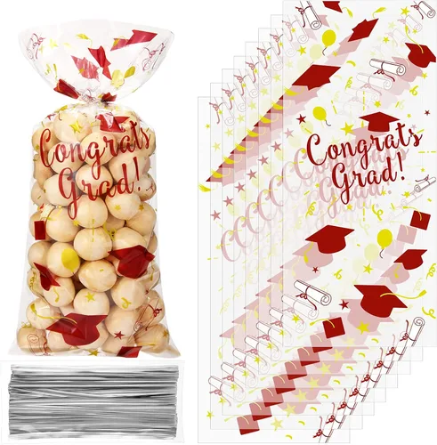 Miniatura 10 de Blulu 100 bolsas de celofán de graduación, felicitaciones para graduados, bolsas de regalo de plástico con 100 lazos giratorios plateados para Negro
