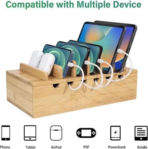 Miniatura 4 de Estación de carga de bambú para múltiples dispositivos, organizador de estaciones de acoplamiento de escritorio compatible con dispositivos iPhone