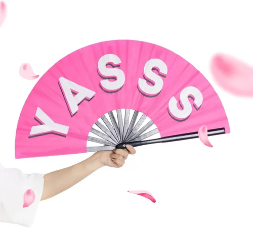 Miniatura 4 de tiggell Paquete de 2 ventiladores de mano grandes de bambú plegable para rave, ventilador chino YASSS de mano para desfile de festivales, Halloween