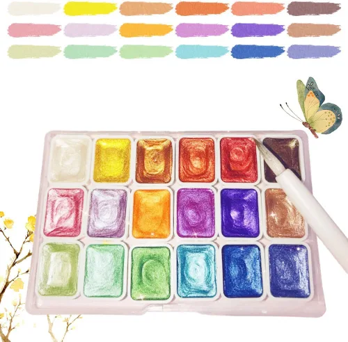 Miniatura 8 de Juego de pintura de acuarela de 12 colores, suministros de dibujo, juego de pinturas de acuarela metálicas brillantes, kit de pintura colorida