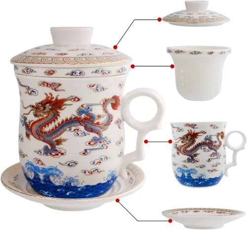 Miniatura 14 de Taza de té de porcelana con tapa de infusor y juegos de platillos – Taza de café de cerámica china Jingdezhen Taza de té de hoja suelta Sistema