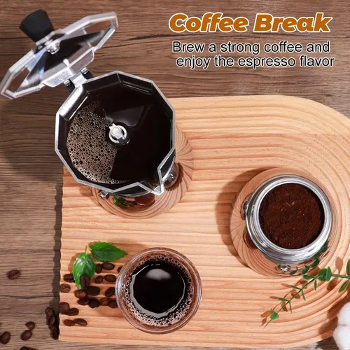 Miniatura 9 de Sin Recubrimiento 4 Tazas Olla de Moka de Aluminio y Acero Inoxidable para Preparar Espresso en Estufa, Cafetera Italiana de 220ml 7.44oz Adecuada
