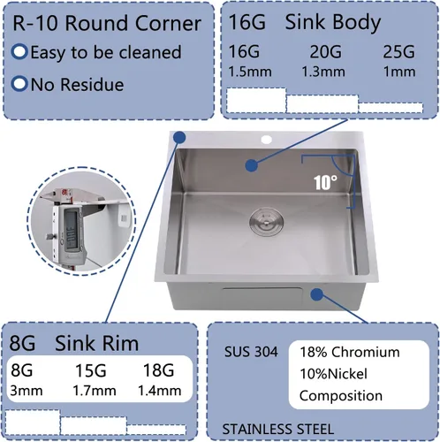 Miniatura 2 de Fregadero de cocina empotrable de 25 x 22 pulgadas, fregadero de cocina de acero inoxidable níquel cepillado de montaje superior de un solo Blanco