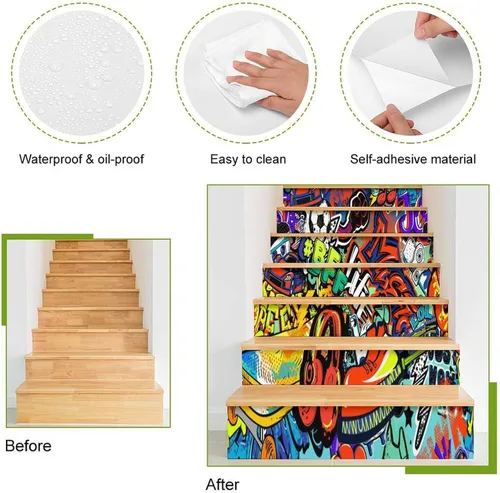 Miniatura 4 de Calcomanías modernas de grafiti en acuarela, calcomanías para escaleras para escaleras, abstracto, hip hop, ciudad, calle, pared, colorido, grafiti