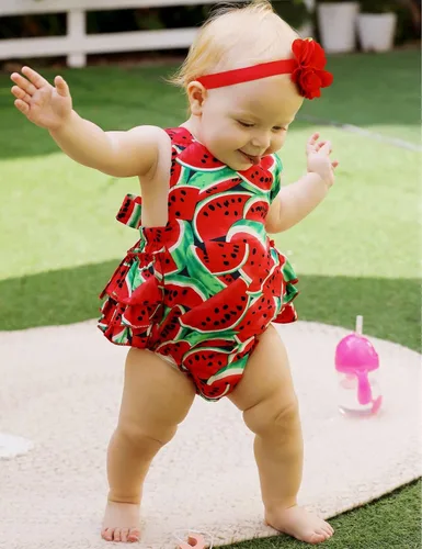 Miniatura 2 de Mameluco de verano con diseño floral y volantes para niña bebé, con diadema