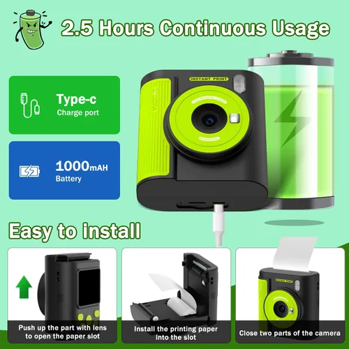 Miniatura 7 de Zicor Cámara de impresión instantánea para niños, video digital HD y cámara de impresión instantánea para niños, divertidos regalos de cumpleaños