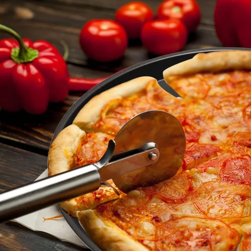 Miniatura 5 de Sartén redonda de pizza de 10 pulgadas con agujeros, sartenes de acero al carbono para pizza congelada y casera, bandeja de pizza antiadherente