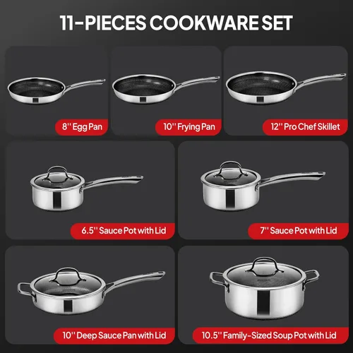 Miniatura 2 de ROVSUN Juego de 11 utensilios de cocina antiadherentes, juego de ollas y sartenes de acero inoxidable con tapas, juego de cocina no tóxico, sartén