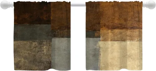 Miniatura 45 de Shrahala Beige and Orange Abstract Art Brushstrokes Blackout Curtain Tiers, Abstract Oil Paint Kitchen Valance Light Blocking Tier Drapes with Rod