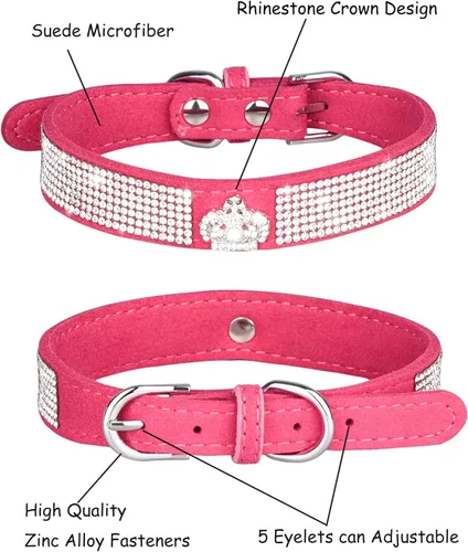 Miniatura 6 de Collar brillante para perros pequeños, medianos y grandes, collares de perro con corona de diamantes de imitación para perras y perros machos, Rosa