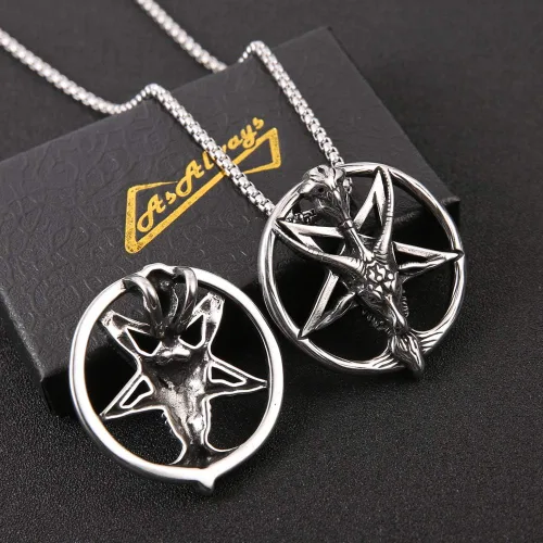 Miniatura 3 de AsAlways Demon Satan - Collar con colgante de calavera de cabeza de cabra con pentagrama invertido Acero inoxidable