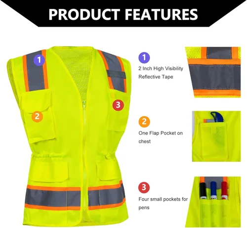 Miniatura 4 de FONIRRA Hi Vis - Chaleco de seguridad para mujer, reflectante, ANSI Clase 2, alta visibilidad, trabajo, construcción, manga corta Chaleco amarillo