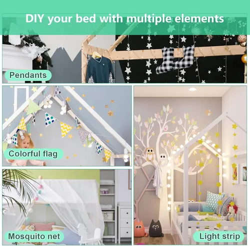 Miniatura 6 de Lakifun Casa de juegos de cama de metal de tamaño individual con barandillas de techo y valla para niños y niñas, marco de toldo Montessori de suelo