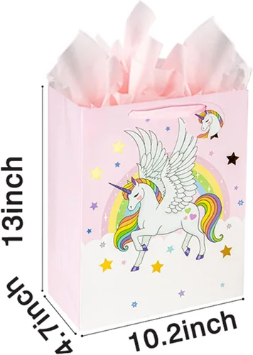 Miniatura 2 de Laidans Bolsa de regalo de unicornios grandes de 13 pulgadas para niñas y niños, baby shower con papel de seda, paquete de 1