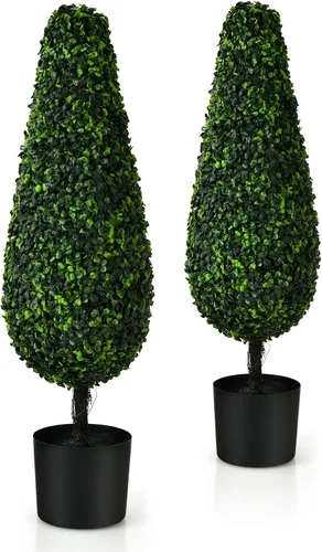 Miniatura 9 de Juego de 2 árboles de bambú artificiales de 5 pies, plantas de vegetación falsas en macetas para interiores y exteriores, hermoso árbol de imitación