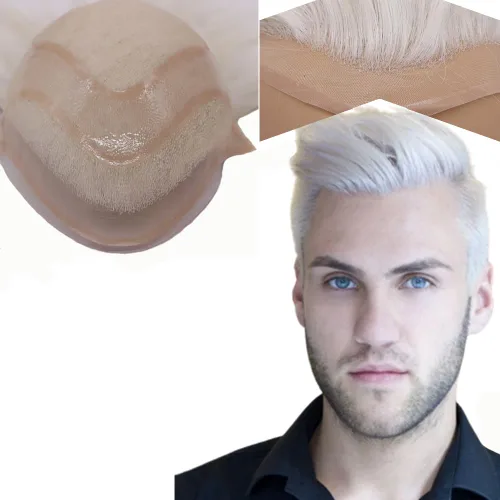 Miniatura 28 de Toupee para hombres, piezas de cabello 100% europeo, sistema de reemplazo de cabello humano virgen de 10 x 8 pulgadas, mono encaje con poliuretano