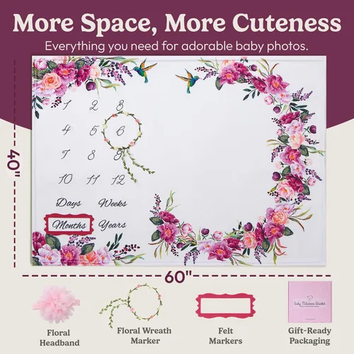 Miniatura 2 de Bliss n' Baby Manta mensual de hitos para bebé niña, 60 x 40 pulgadas, sin arrugas, con tabla de crecimiento, lavable y secable, con corona y Floral