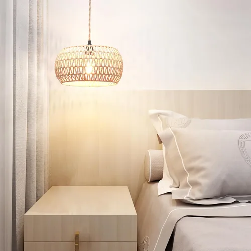 Miniatura 5 de Lámpara colgante de ratán con interruptor de encendido/apagado, pantalla tejida de ratán, lámpara colgante enchufable para sala de estar, Drum