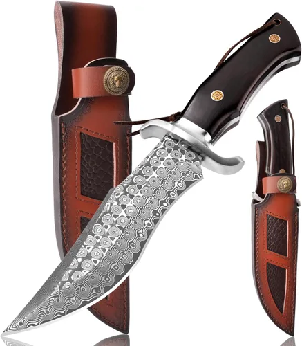 Cuchillo de caza de Damasco P-S, cuchillo Bowie de hoja fija de Damasco de 11.26 pulgadas con funda de cuero, supervivencia al aire libre,