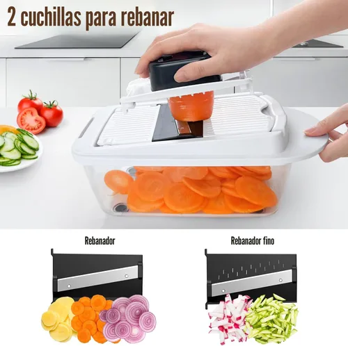 Miniatura 5 de Picador de verduras todo en uno de 8 cuchillas con contenedor, picador de alimentos, picador de cebolla, cortador de verduras para ensalada, Blanco