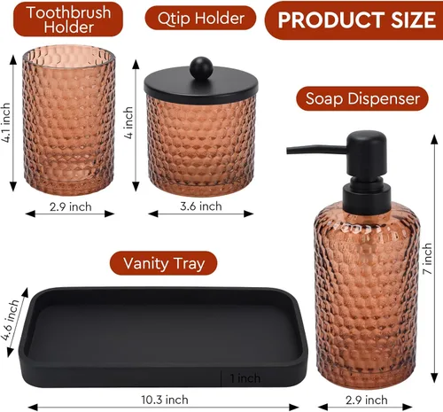Miniatura 7 de Conjunto de accesorios de baño, 4 piezas de accesorios de baño de vidrio ámbar - Dispensador de jabón de loción, soporte para cepillo de dientes