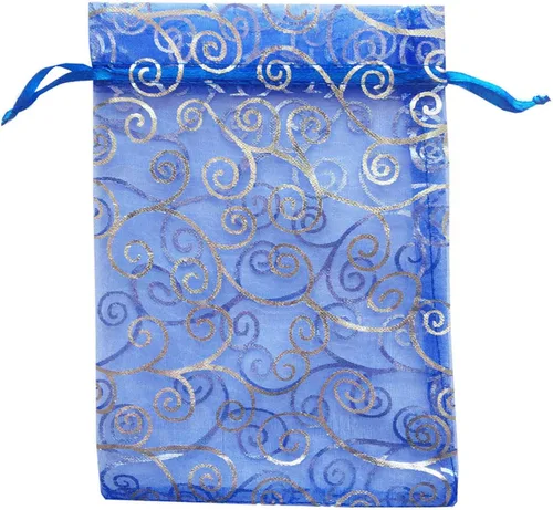 100 unidades por paquete, bolsas de envoltura de regalo de 5 x 7 pulgadas, ratán azul, tela transparente de organza, bolsas con cordón para regalos