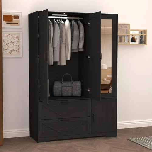 Miniatura 3 de Armario de 3 puertas con puerta de espejo y luces LED, armario de dormitorio con cajones, armario independiente de gran capacidad con barra