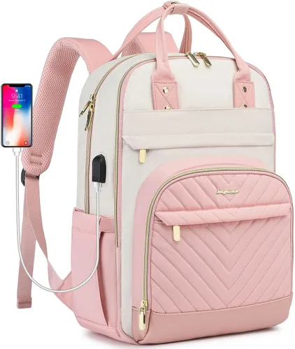 Miniatura 27 de Mochila para laptop para mujer, mochila de viaje de trabajo de 15.6 pulgadas con cargador USB, mochila universitaria impermeable, mochila