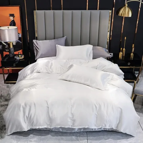 Juego de ropa de cama de satén similar a la seda, tamaño Queen, juego de funda de edredón sedosa blanca de lujo, ultra suave, decoración de