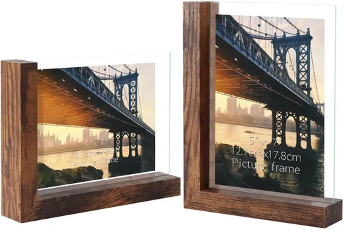 Miniatura 10 de Lavezee Paquete de 2 marcos de fotos de 4 x 6 pulgadas, hechos de base de madera negra en forma de L con vidrio, imágenes de fotos de doble cara