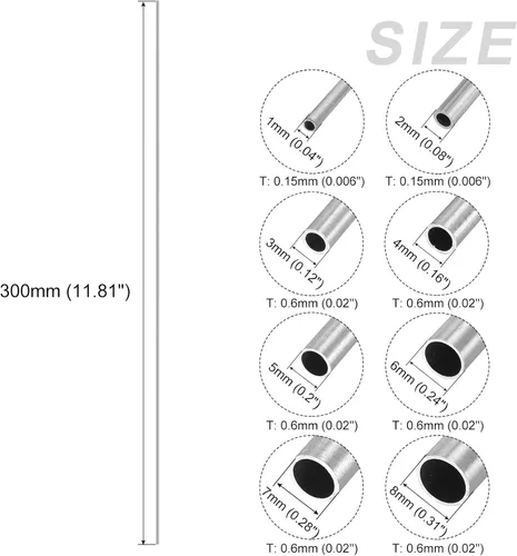 Miniatura 2 de METALLIXITY Tubo de acero inoxidable 304 (0.039 in-0.315 in de diámetro x 0.006 in/0.024 in de pared T x 11.811 in de largo), 8 piezas en 1 juego