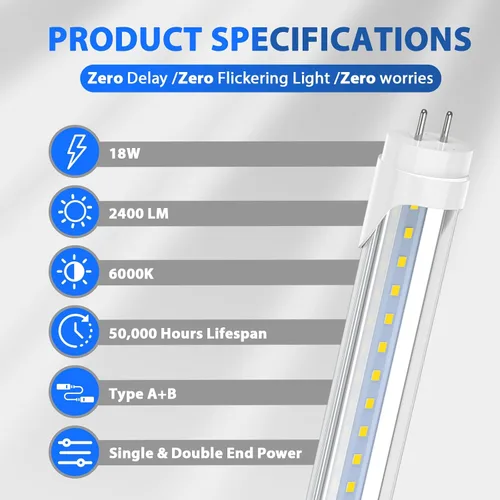 Miniatura 2 de CNSUNWAY - Paquete de 10 tubos de luces LED T8 de 4 pies, 18 W, 2400 lúmenes, 6000 K, alimentación de extremo simple o doble, Plug and Play