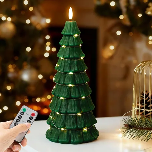 Velas de árbol de Navidad sin llama con control remoto, vela LED de llama parpadeante de 3D operada por batería con cadena de luz estrellada, velas