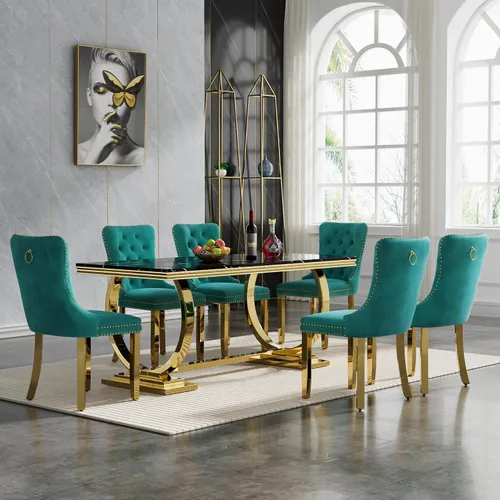 Miniatura 17 de HomVent Juego de mesa de comedor moderna de mármol sintético para 4 personas, mesa de cocina rectangular con 4 sillas beige (dorado)