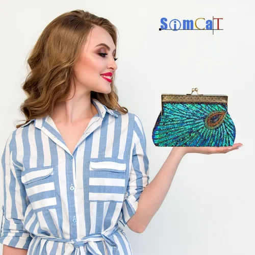 Miniatura 4 de Bolso de noche con cuentas de lentejuelas para mujer, estilo retro, pavo real, bolso de novia, bolso vintage brillante para fiesta, boda, cóctel