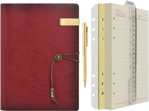 Miniatura 19 de Wonderpool - Diario de piel con papel rayado y bolígrafo, rellenable, cuaderno de espiral con 6 anillas, con libretas pautadas, cubierta vintage