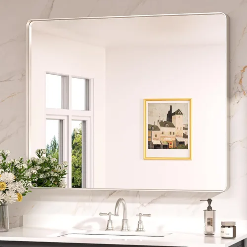 Miniatura 23 de Keonjinn Espejos de baño negros para sobre el fregadero, espejos cuadrados grandes de 36 x 36 pulgadas para pared, espejo rectangular redondeado
