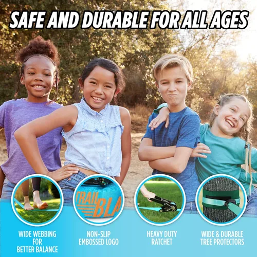 Miniatura 5 de Kit Completo de Slackline Ninja – Línea de slackline de 60 pies de largo para patio trasero para niños y adultos con correas de trinquete, Azul