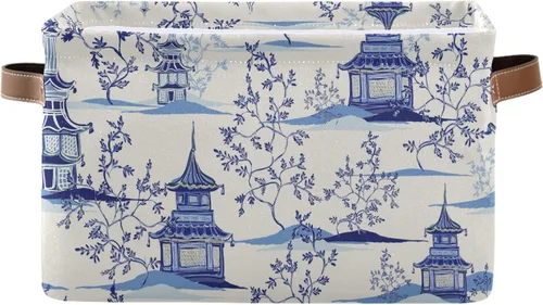 Miniatura 7 de susiyo Cestas de almacenamiento grandes de tela de estilo chinoiserie, con asas de poliuretano para estantes, hogar, armario, dormitorio, sala
