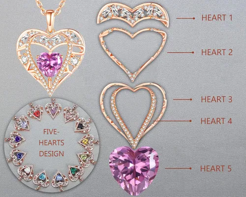 Miniatura 65 de Collar de cristal de 5 corazones, chapado en oro rosa de 18 quilates, colgante con cadena de plata de ley 925 de 18 + 2 pulgadas, joyería de piedra