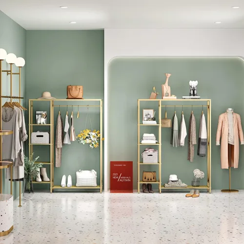 Miniatura 4 de TIEOU Estantes de ropa dorados modernos independientes, estante de ropa dorado con estantes para boutiques, estante de ropa resistente para colgar